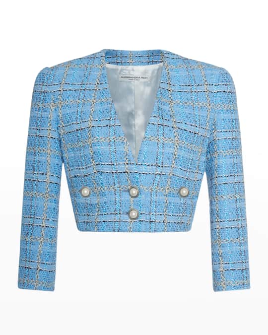 Alessandra Rich Checked Tweed Cropped Jacket w/ Pearl