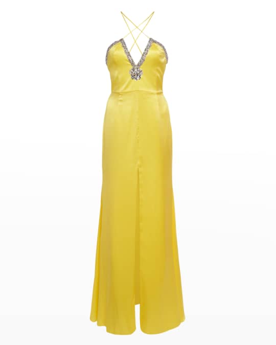 Alessandra Rich Satin Crystal Embroidered Front Slit Maxi Evening Gown |  Neiman Marcus