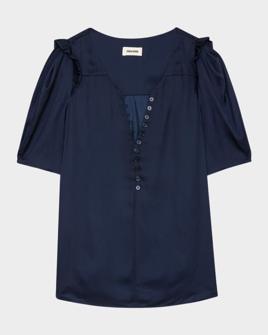 Twity Split Neck Pleated Satin Top