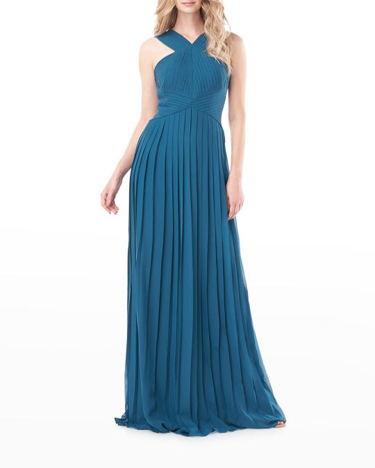 kay unger halter dress Amelia Pleated Chiffon Gown USMAKELIVE