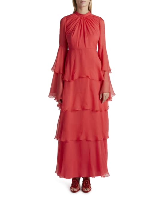 Andrew Gn Flare-Sleeve Tiered Ruffle Silk Maxi Dress | Neiman Marcus