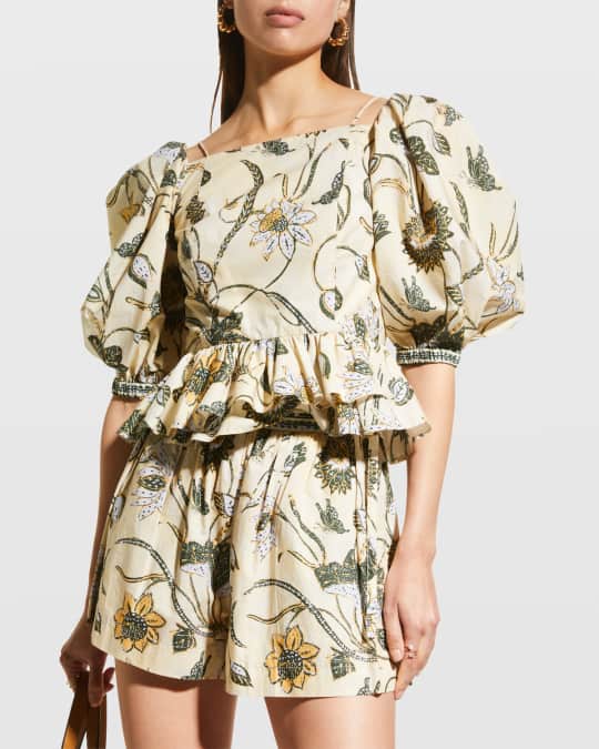 Carlotta Puff-Sleeve Lace-Up Blouse