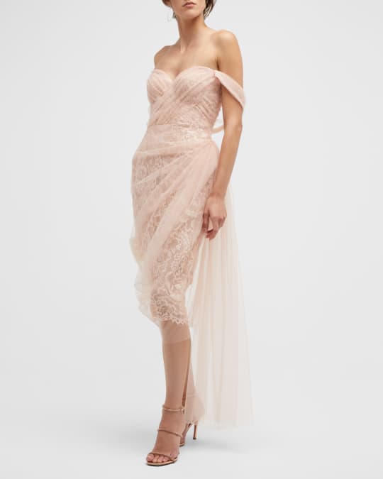 Reem Acra Tulle Overlay Off-the-Shoulder Lace Midi Dress | Neiman Marcus