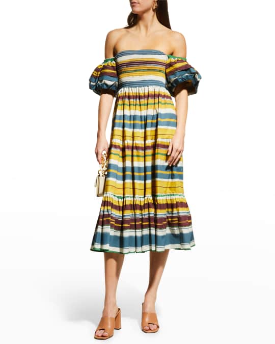 Autumn Adeigbo Marise Striped Off-The-Shoulder Tiered Midi Dress | Neiman  Marcus