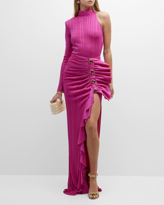 RAISAVANESSA One-Sleeve Crystal Button Ruffle Thigh-Slit Gown | Neiman ...