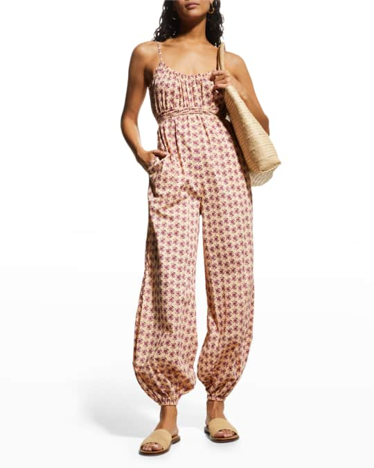 Tory Burch Floral Cotton Tassel Belt Jumpsuit | Neiman Marcus