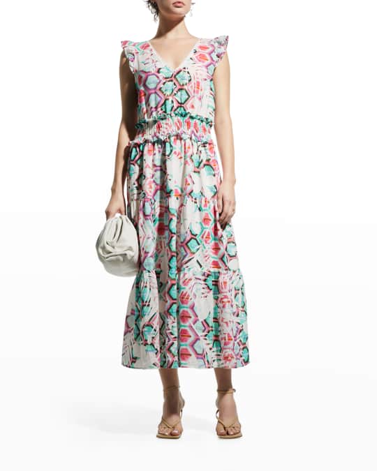 Smocked Waist Printed Linen Dress