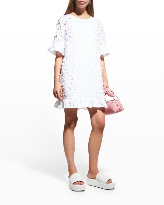 Laser-Cut Heart Ruffled Trim Shift Dress
