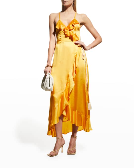 Stella Pardo Satin Crochet Back Ruffle Wrap Dress | Neiman Marcus