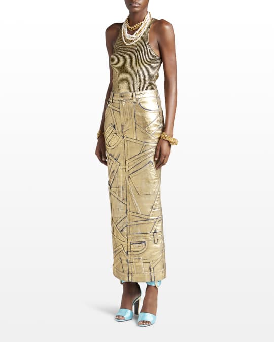 Metallic Coated Patchwork Denim Midi Skirt