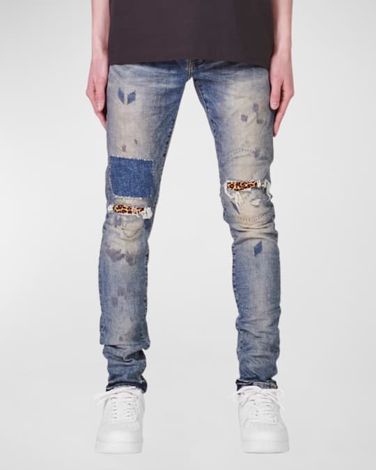 Skinny Jeans Mens Animal Print Patch Distressed Jeans Leopard