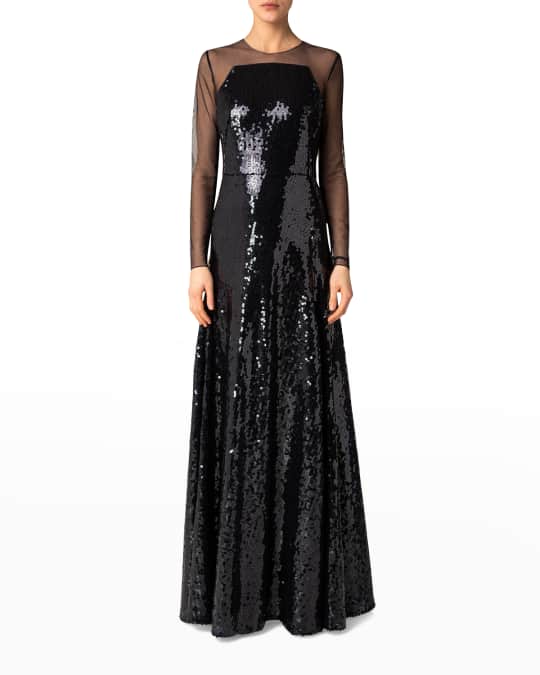 Akris Sequin Long-Sleeve Illusion Gown | Neiman Marcus
