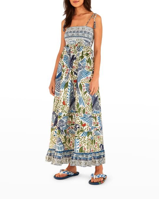 Farm Rio Off-White Macaw Flight Smocked Maxi Dress