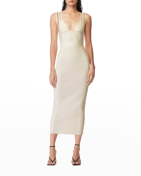 Herve Leger Mesh-Overlay Strappy Bustier Midi Dress | Neiman Marcus