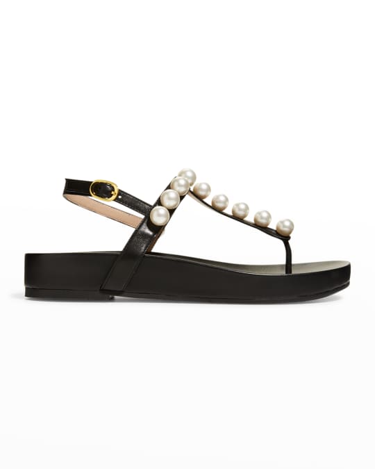 Stuart Weitzman Goldie Pearly Leather Flat Sandals | Neiman Marcus