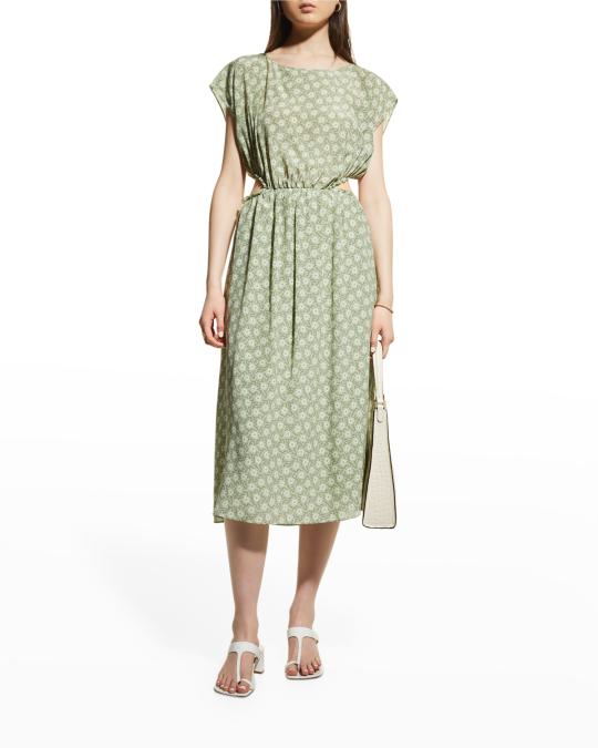 rebecca taylor fleur silk midi dress Rebecca Taylor Fleur Satin Midi Dress Blue Floral Silk Flutter Sleeve  Blouson 2