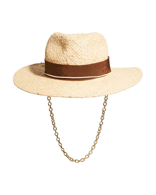 Ruslan Baginskiy Straw Fedora Hat w/ Chain Strap Neiman Marcus