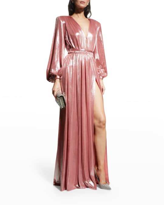 Zoe Metallic Blouson-Sleeve Gown