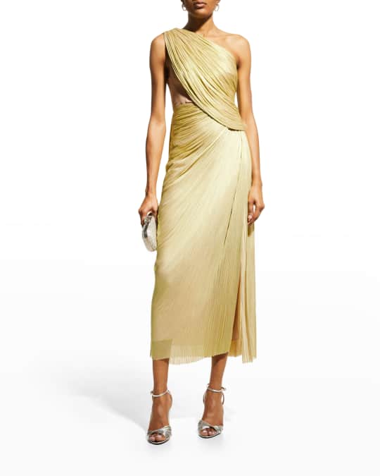 Midi Dress Maria Lucia Hohan Gold Dress Maria Lucia Hohan Nayan  One-Shoulder Plisse Silk Midi Dress