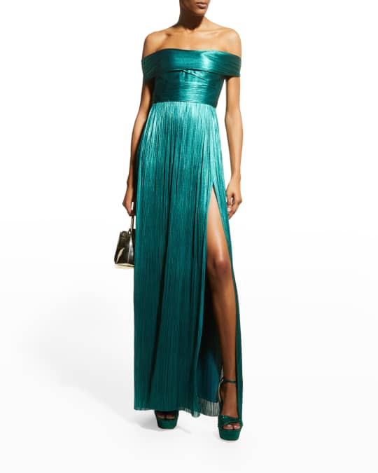 Theia Metallic Thigh Slit Silk Plisse Gown w Adjustable Shawl