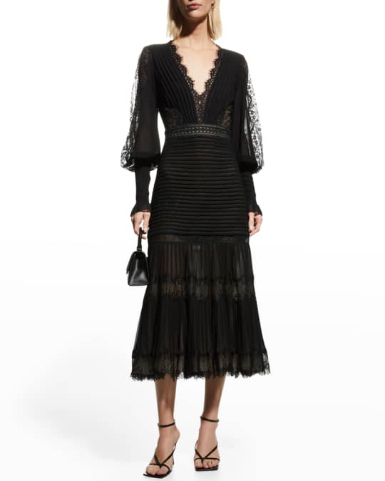 Tadashi Shoji Pleated Chiffon & Lace Bishop-Sleeve Dress | Neiman Marcus
