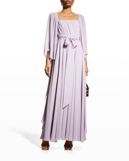 Badgley Mischka Collection Square-Neck Belted Flowy Gown | Neiman Marcus