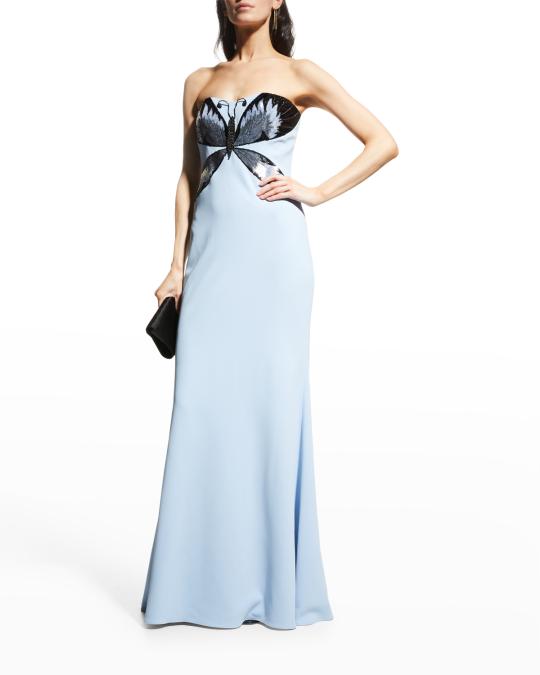 Beaded Butterfly Bodice Strapless Gown