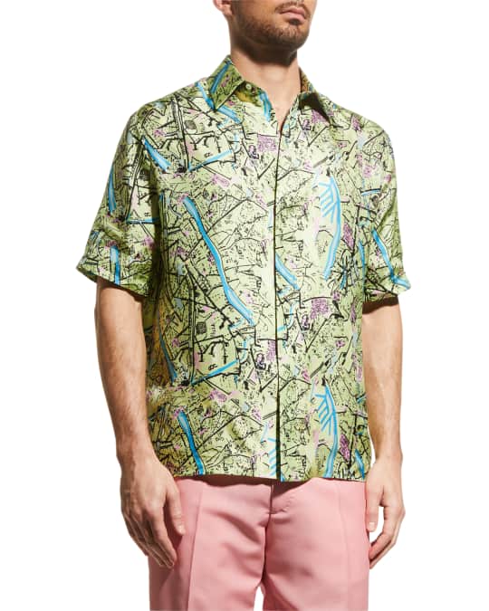 Fendi Men's Roma Map Silk Sport Shirt | Neiman Marcus