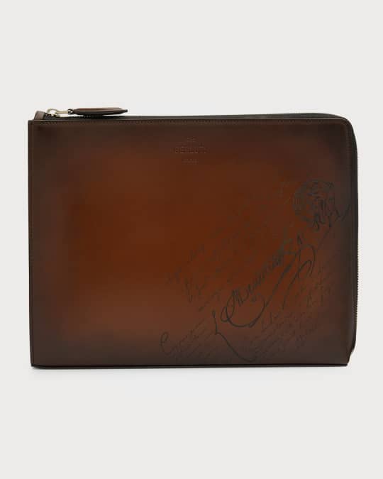 Berluti Men's Nino Volume Leather Scritto Swipe Clutch Bag