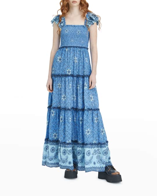 LOVE THE LABEL Gaya Flutter-Sleeve Smocked Maxi Dress | Neiman Marcus