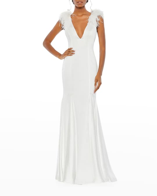 Mac Duggal Feather-Embellished Deep V-Neck Gown | Neiman Marcus