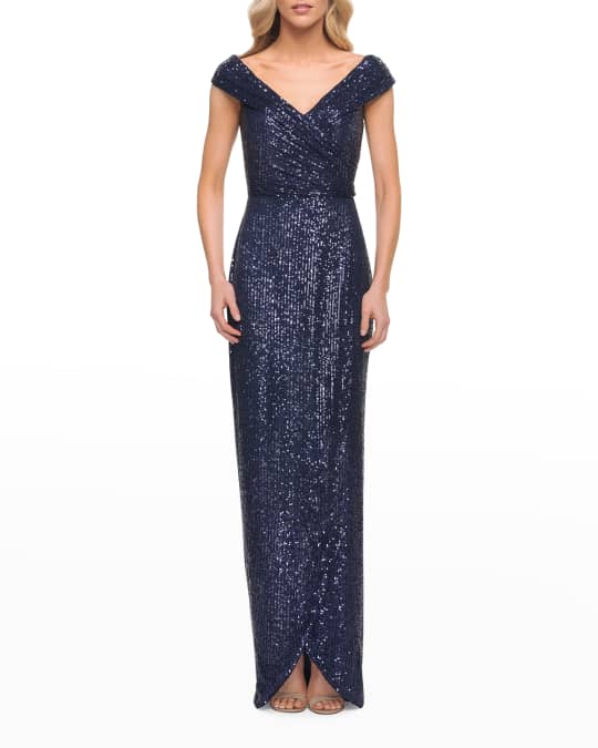 Cap-Sleeve Sequin Gown w/ Wrap Skirt