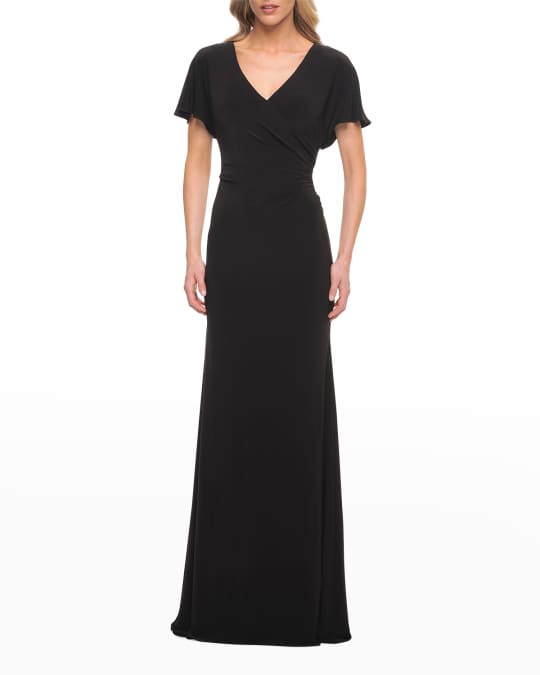 La Femme V-Neck Flutter-Sleeve Jersey Gown | Neiman Marcus
