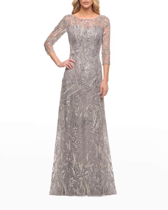 La Femme Sheer-Sleeve Beaded Lace Gown | Neiman Marcus