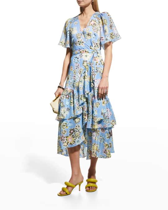 Tanya Taylor Brittany Floral Tiered Wrap Midi Dress | Neiman Marcus