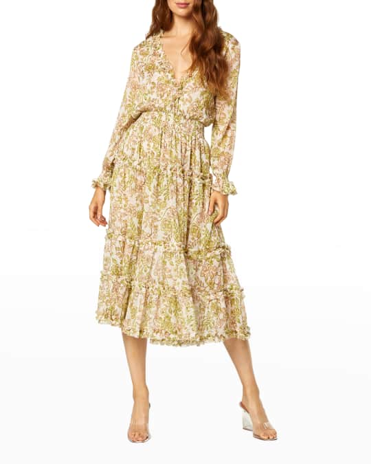 MISA Los Angeles Nora Tiered V-Neck Ruffle Midi Dress | Neiman Marcus