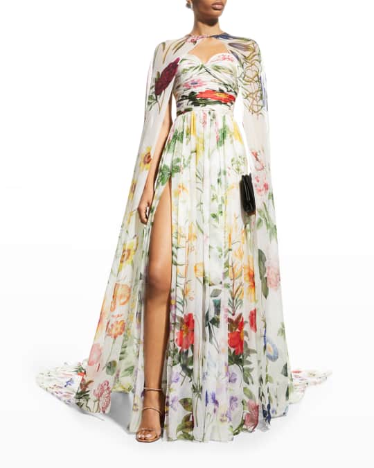 Oscar de la Renta Strapless Dahlia-Print Thigh-Slit Chiffon Gown With  Capelet