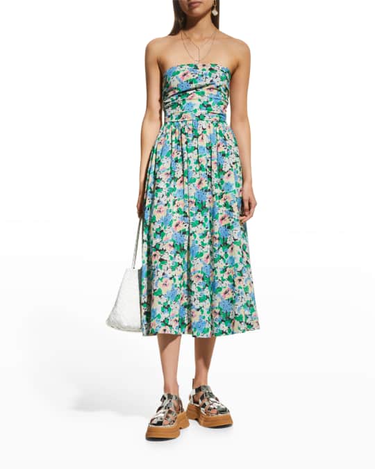 Ganni Light Floral Cotton Strapless Midi Dress | Neiman Marcus