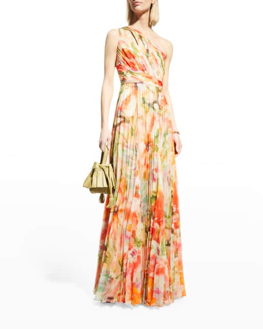 Marchesa Notte Pleated Floral-Print One-Shoulder Gown | Neiman Marcus
