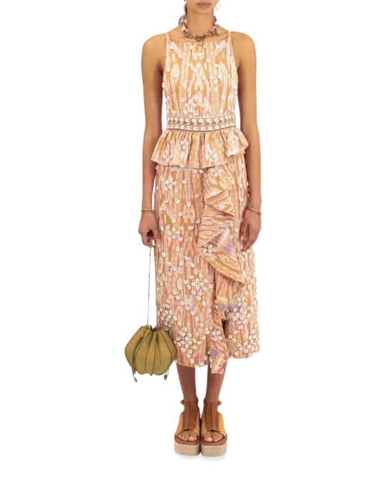 Valory Sea-Shell Embroidered Ruffled Midi Dress 