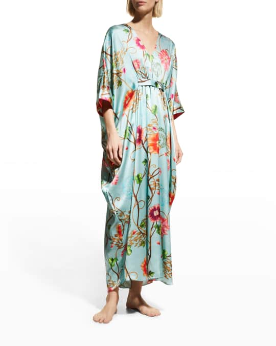 Josie Natori Saito Floral Print Silk Caftan Neiman Marcus