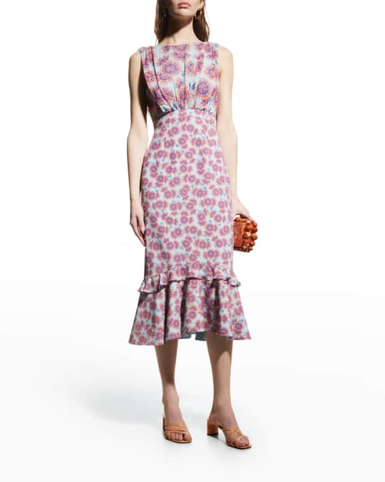 Saloni Adrienne Floral-Print Ruffle-Hem Midi Dress | Neiman Marcus