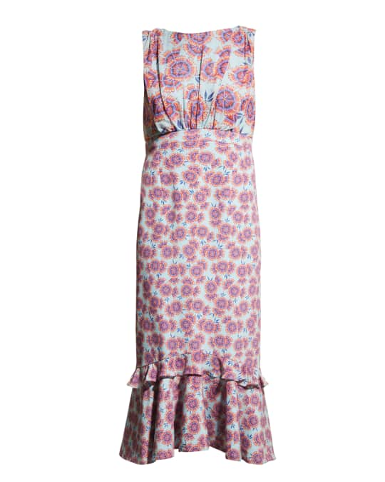 Saloni Adrienne Floral-Print Ruffle-Hem Midi Dress | Neiman Marcus