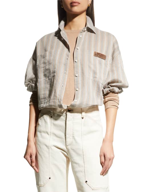 Brunello Cucinelli Monili-Patch Striped Puff-Sleeve Shirt | Neiman Marcus