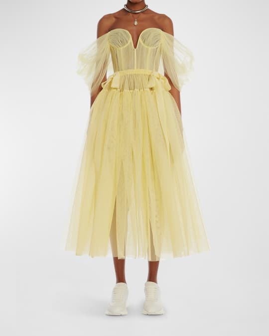 Alexander McQueen Off-the-Shoulder Tulle Midi Dress | Neiman Marcus