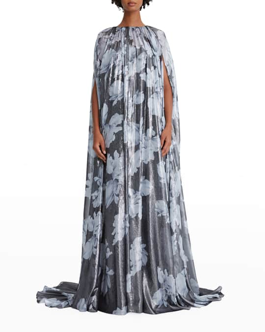 Grey Womens Dresses Halston Dresses Halston Nicoletta Cape-effect Floral-print Silk-blend Gown in Metallic 