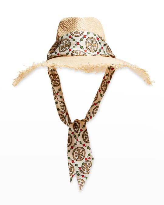 TORY BURCH ：ロゴ ストローサンハット Tory Burch Straw Beach Hat w/ Logo Silk Scarf | Neiman Marcus