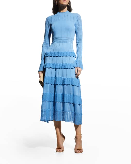 Lela Rose Pointelle Knit Tiered-Ruffle Midi Dress | Neiman Marcus