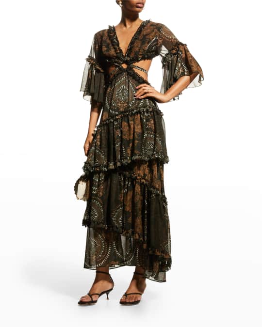 LACE The Label V-Neck Cutout Ruffle-Tiered Maxi Dress