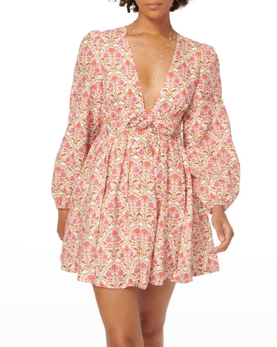Cami NYC Meri Long-Sleeve Floral Mini Linen Dress | Neiman Marcus